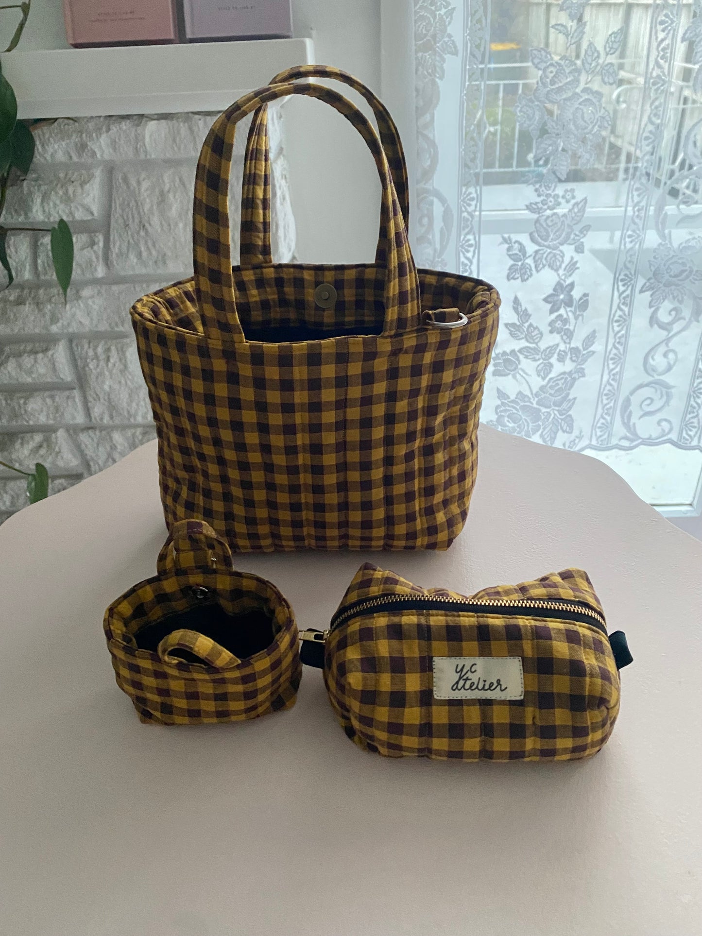 Mini tote + tiny tote keychain + small box pouch set (Mustard/Dark raisin)