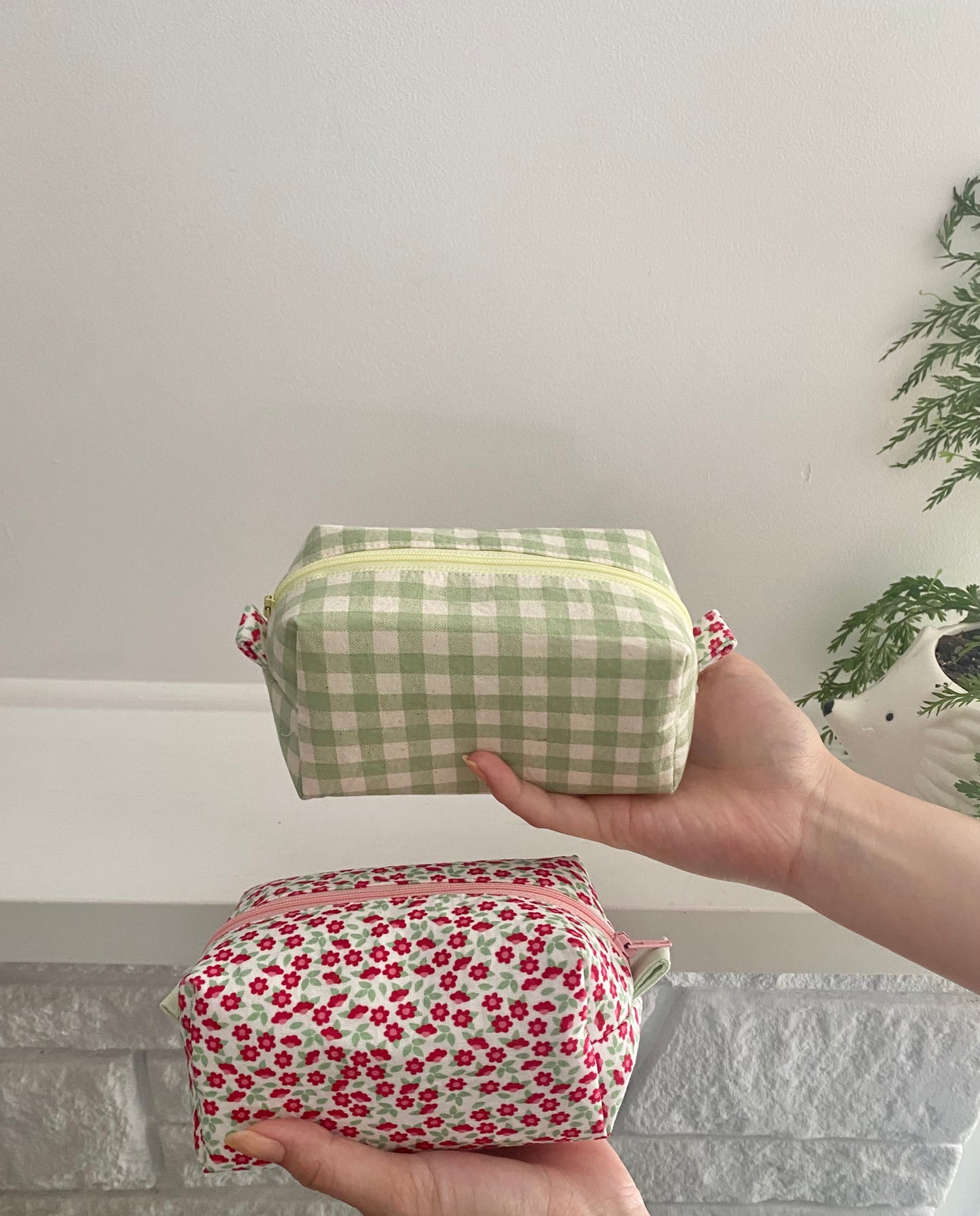100% Cotton Green Gingham Makeup Pouch