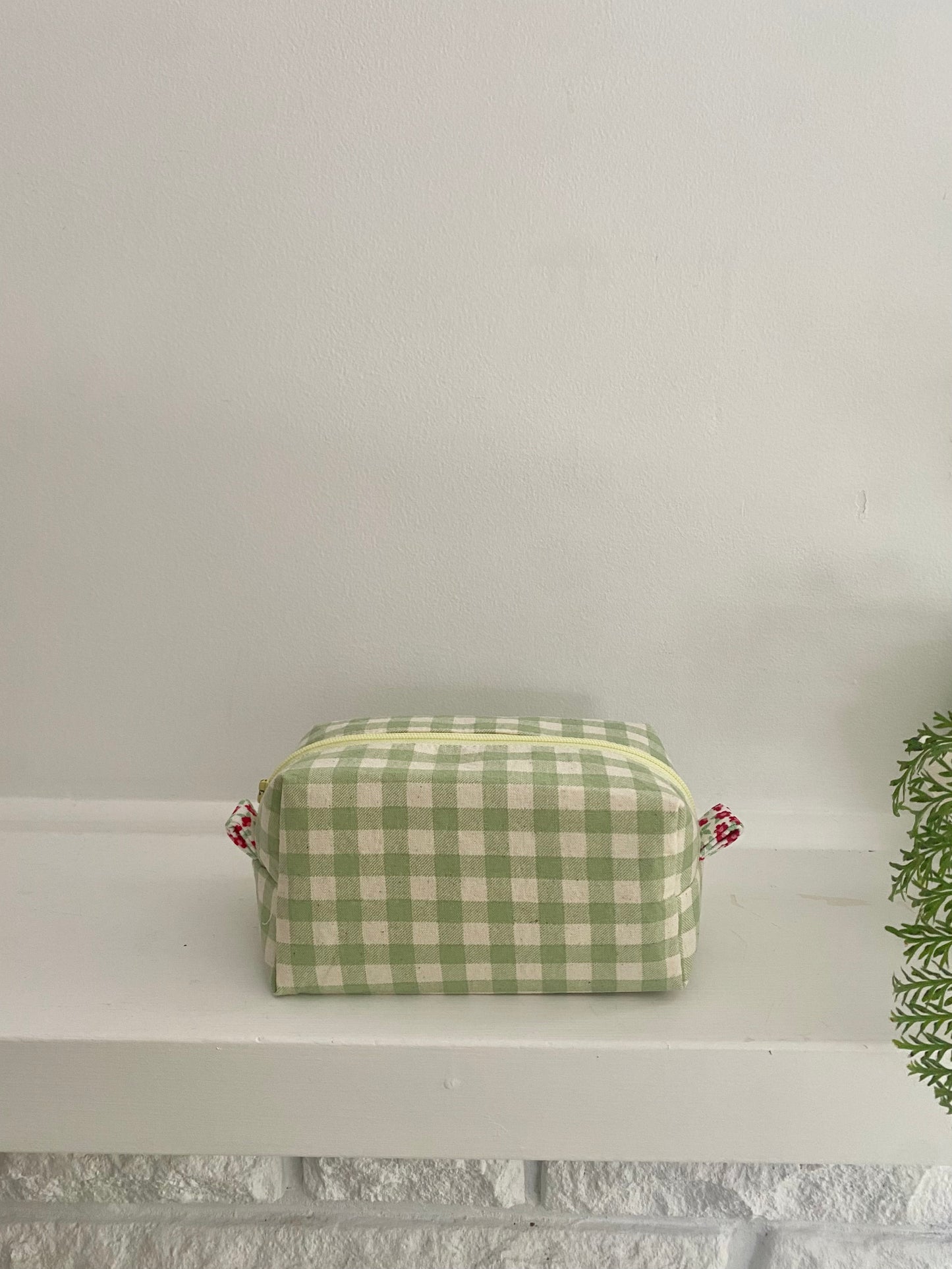 100% Cotton Green Gingham Makeup Pouch