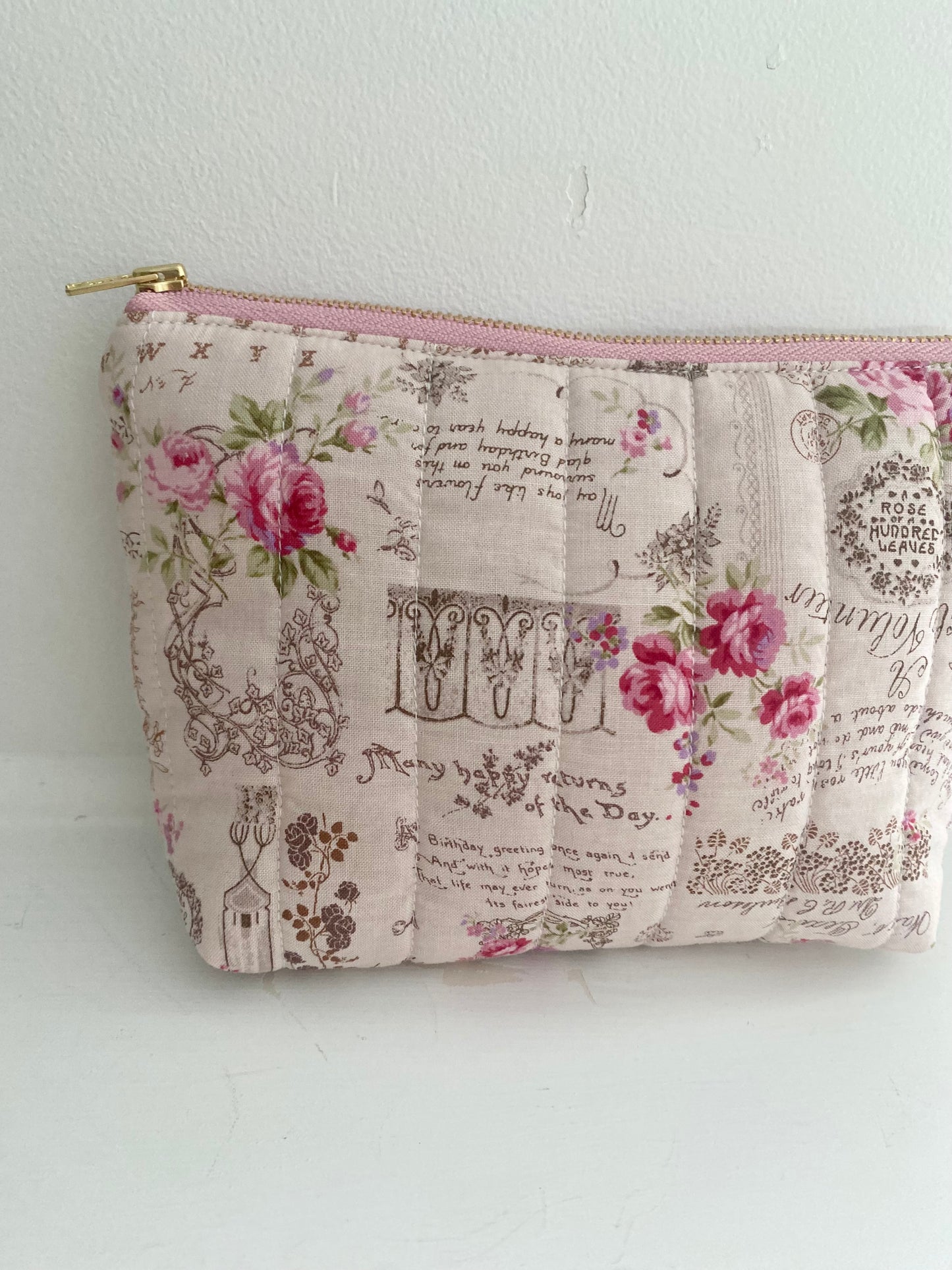 Pink vintage style floral makeup pouch(small)
