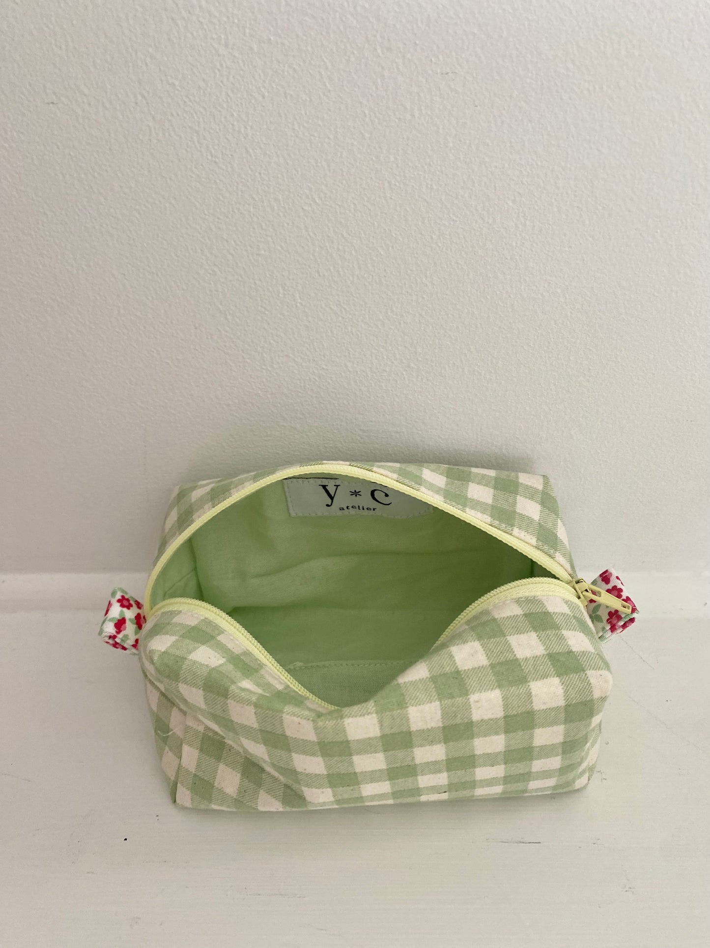 100% Cotton Green Gingham Makeup Pouch