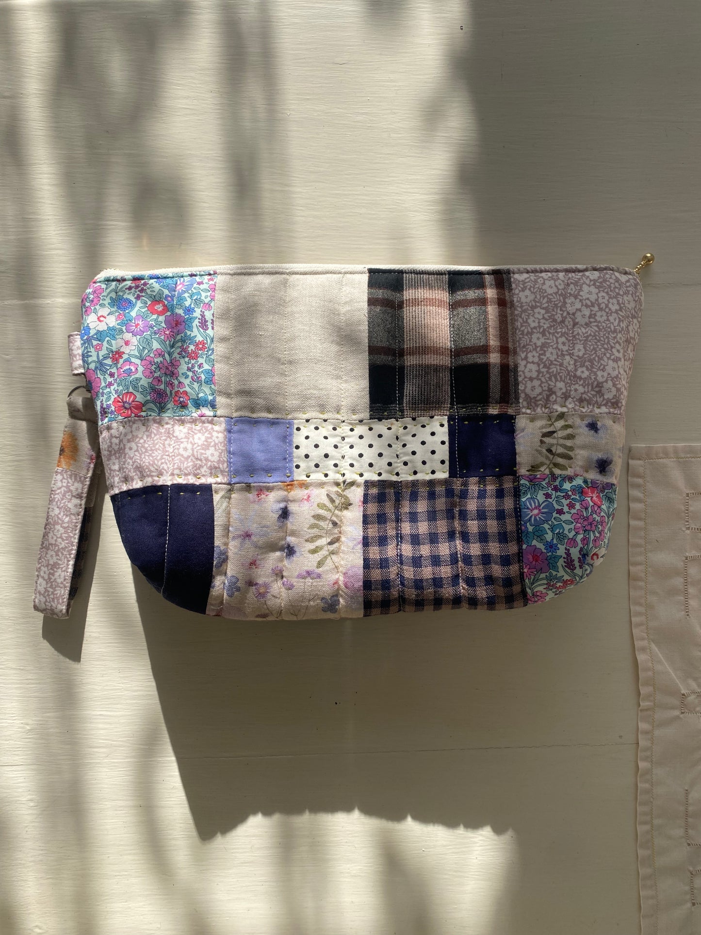 Patchwork Pouch Bag – Navy, Check & Natural Tones with Vintage Lace