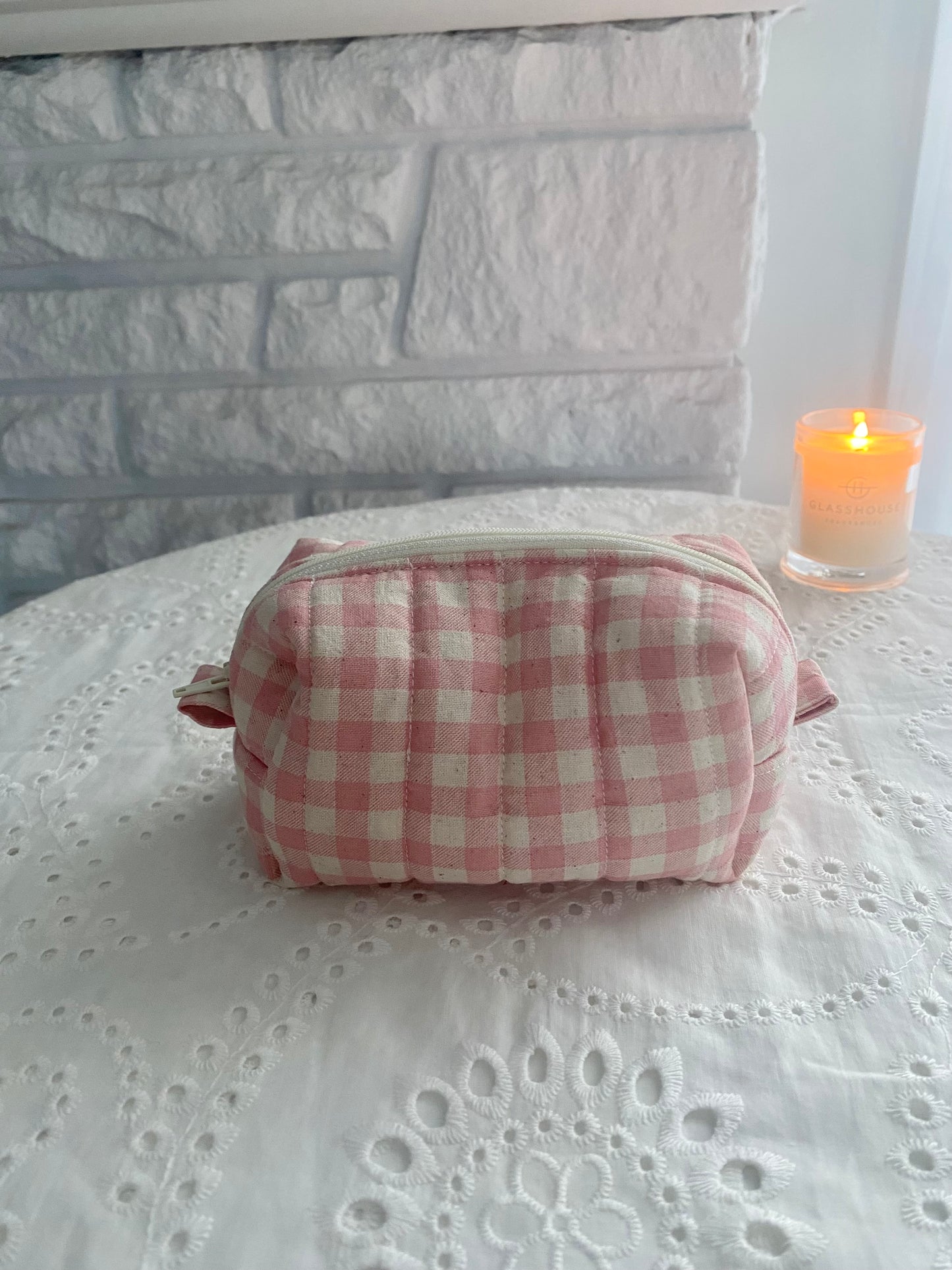 Quilted Pink gingham Makeup Pouch (small)