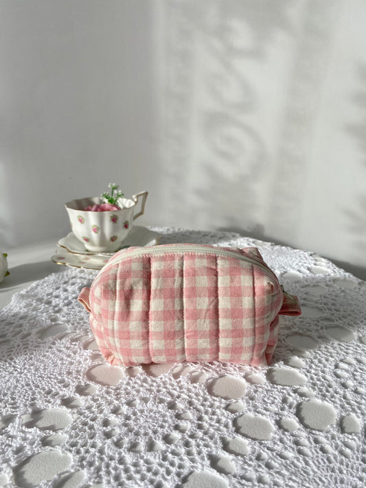 Quilted Pink gingham Makeup Pouch (small)