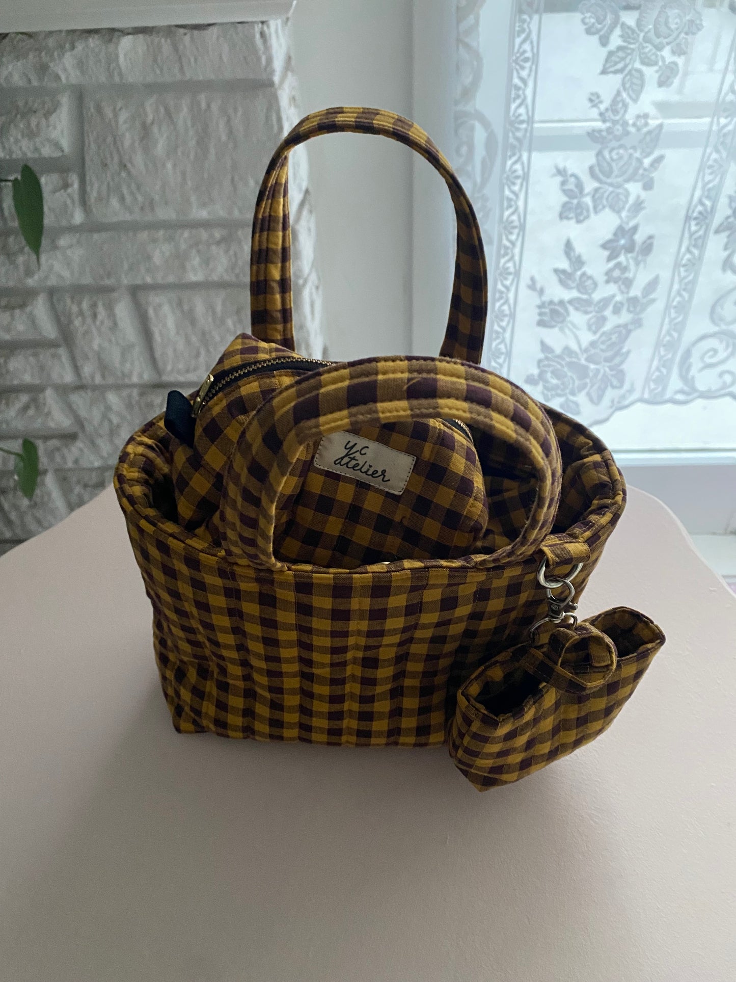 Mini tote + tiny tote keychain + small box pouch set (Mustard/Dark raisin)
