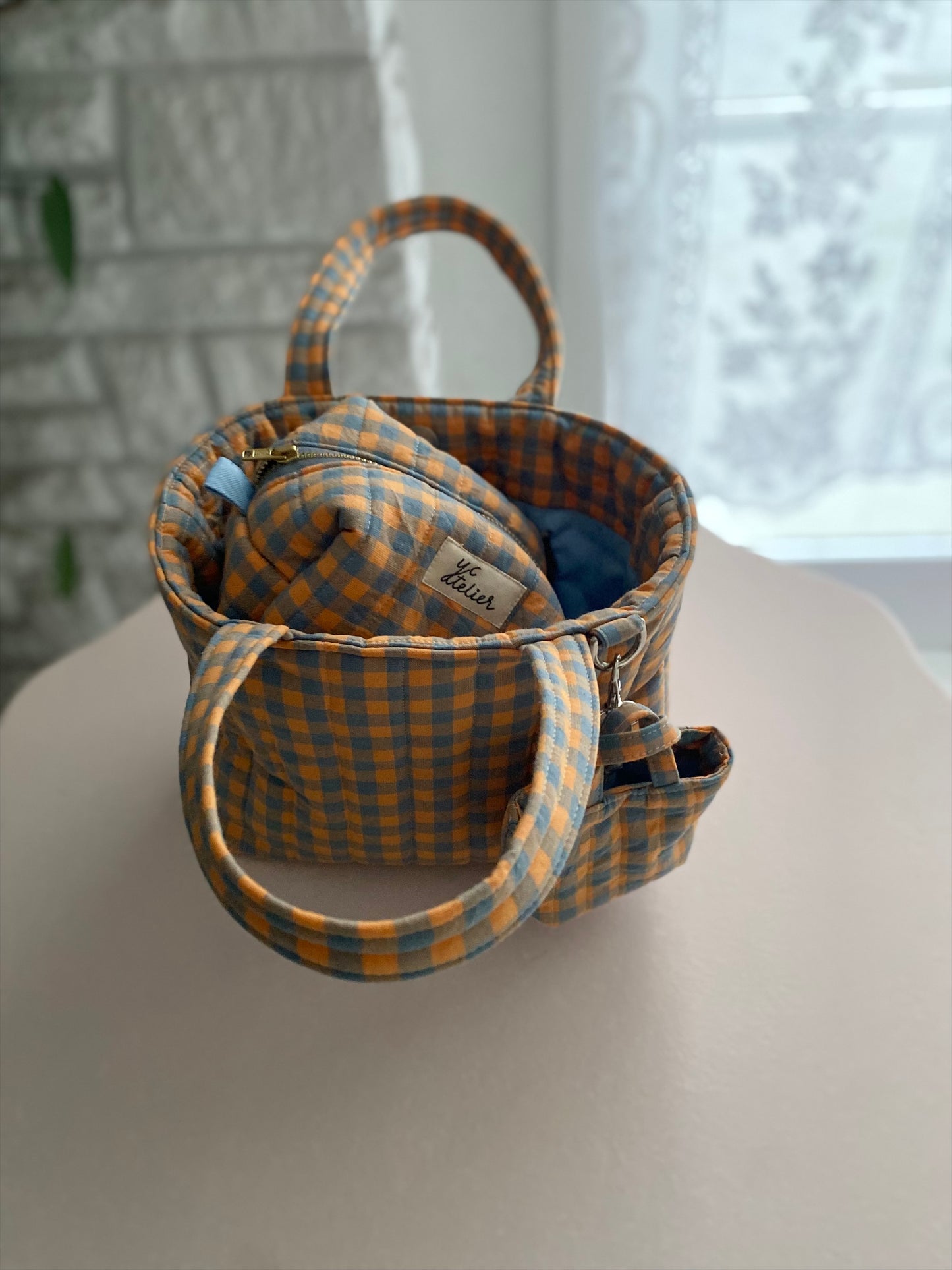 Mini tote + tiny tote keychain + small box pouch set (Orange/Blue)