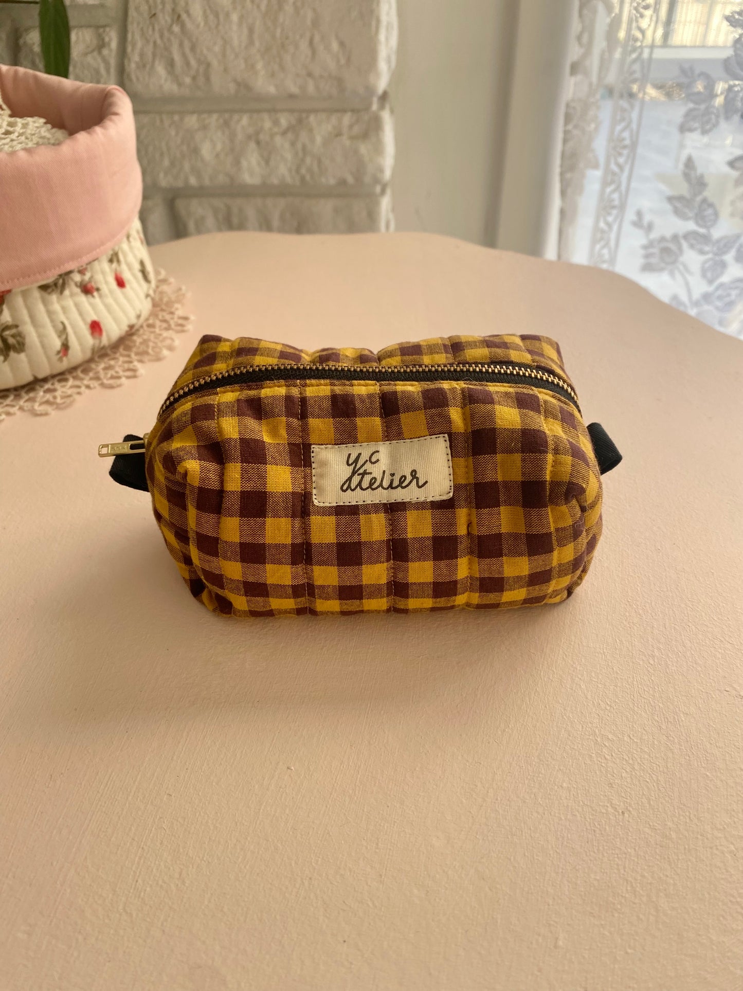 Mini tote + tiny tote keychain + small box pouch set (Mustard/Dark raisin)