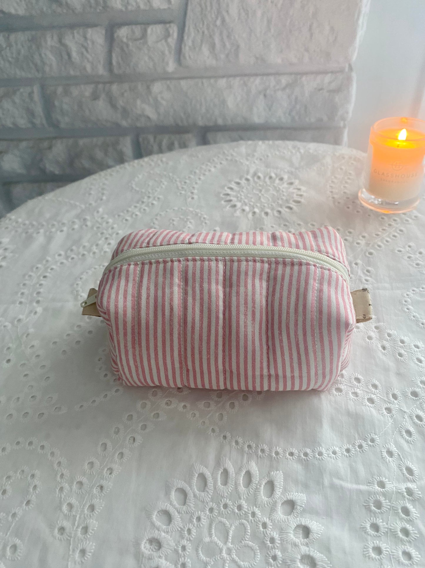 Quilted Pink Stripe Makeup Pouch (small)