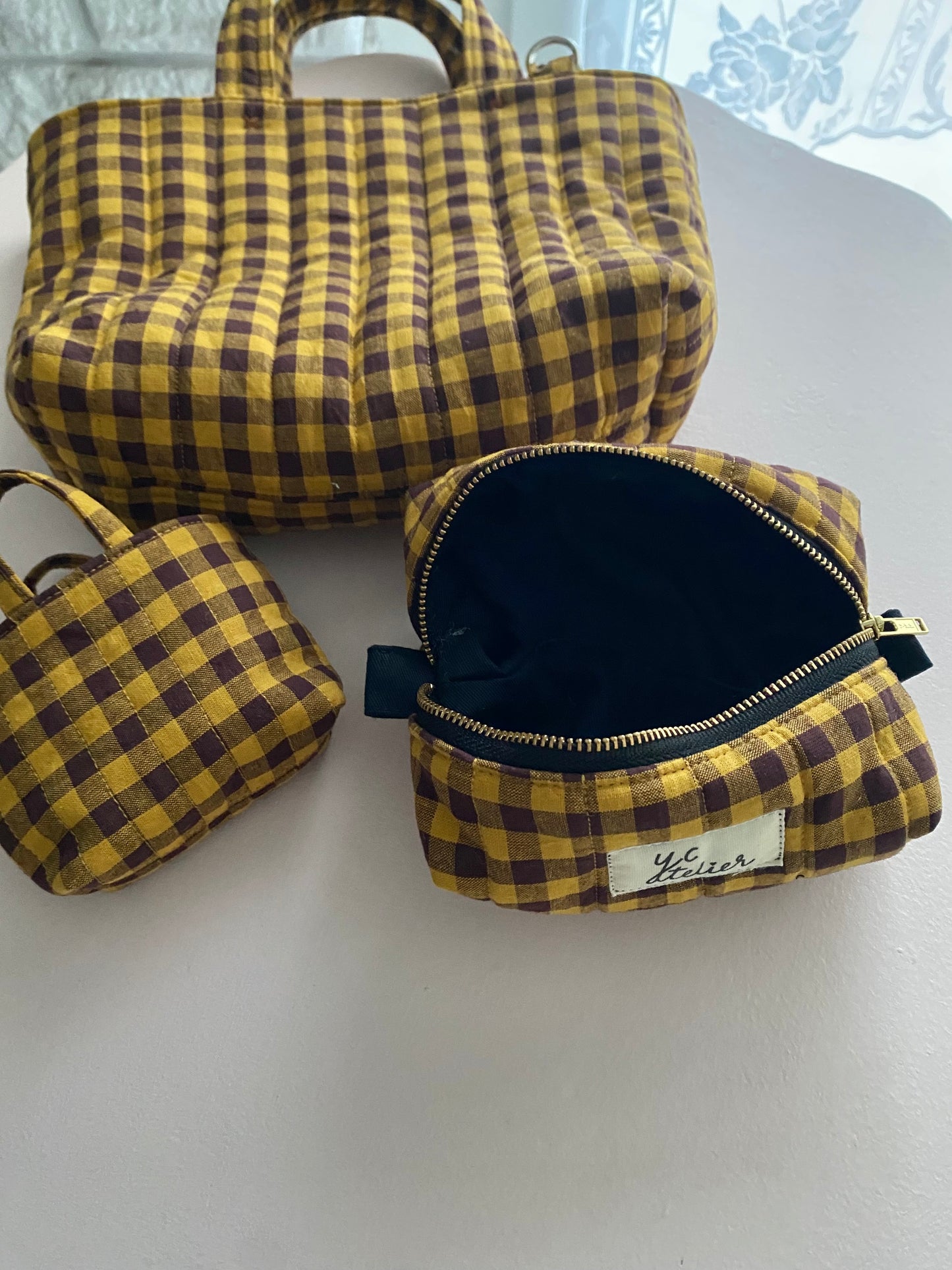 Mini tote + tiny tote keychain + small box pouch set (Mustard/Dark raisin)