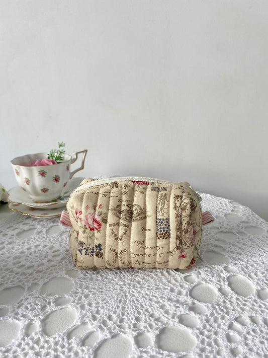 Cream yellow vintage style floral makeup pouch(small)