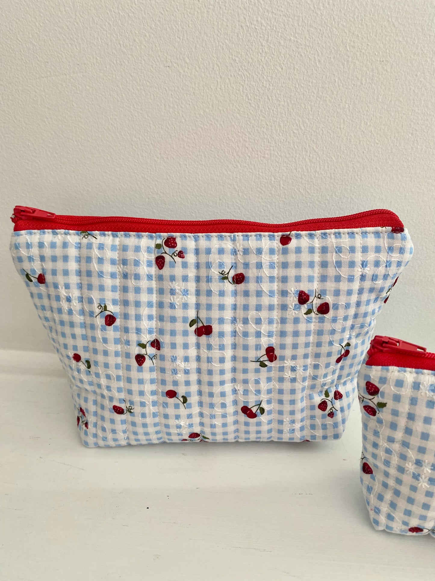 Strawberry&Cherry Gingham Makeup Pouches(blue)