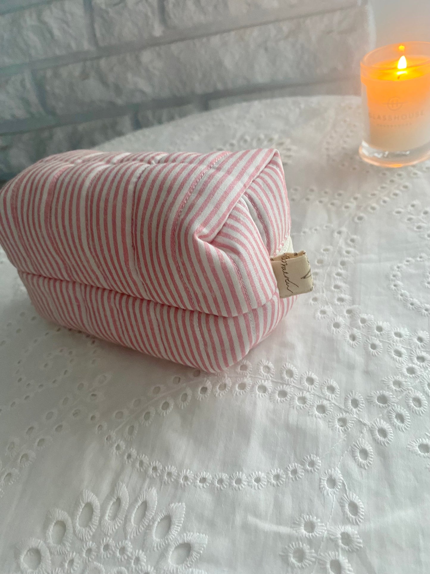 Quilted Pink Stripe Makeup Pouch (small)