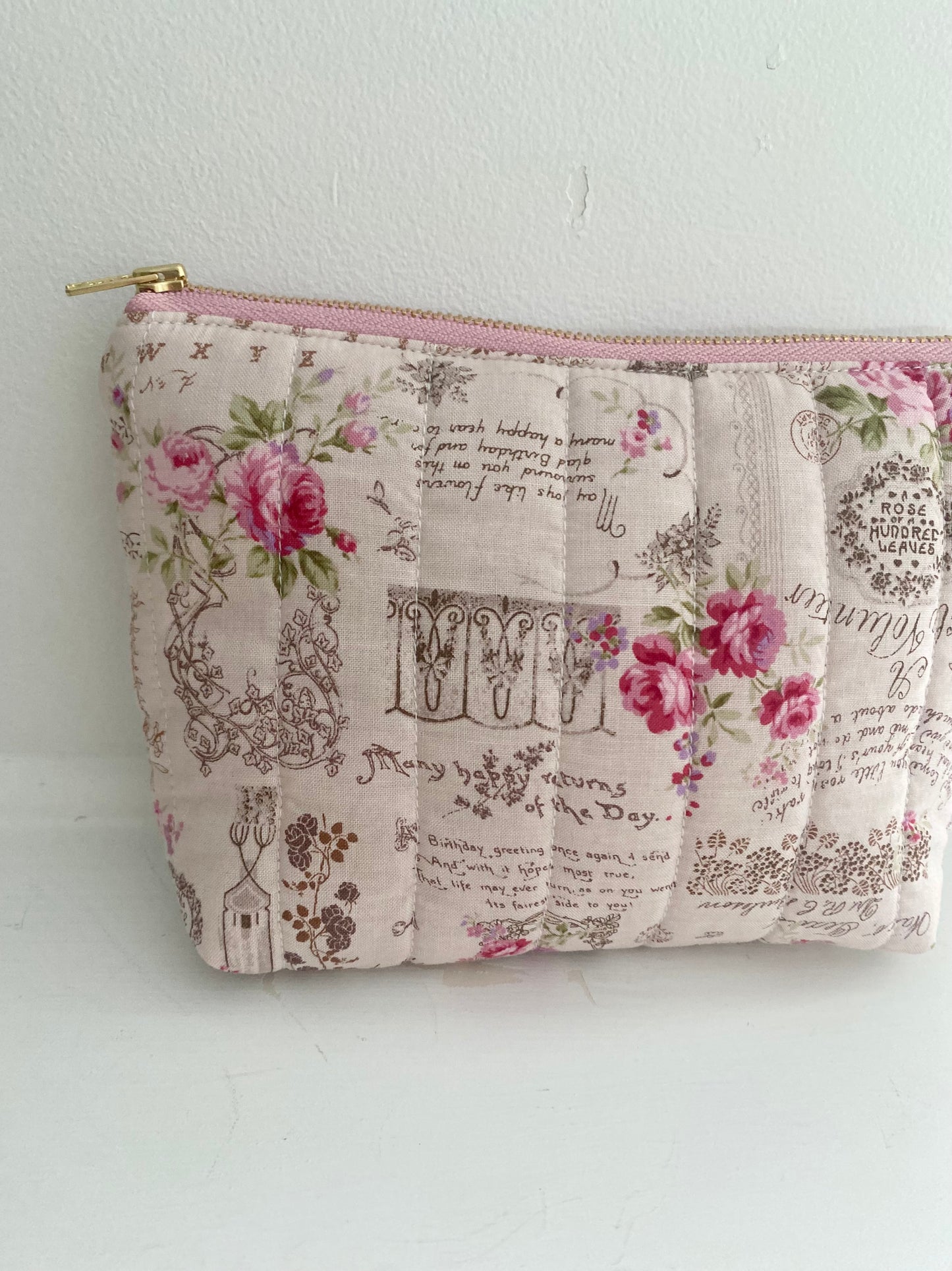Pink vintage style floral makeup pouch(small)