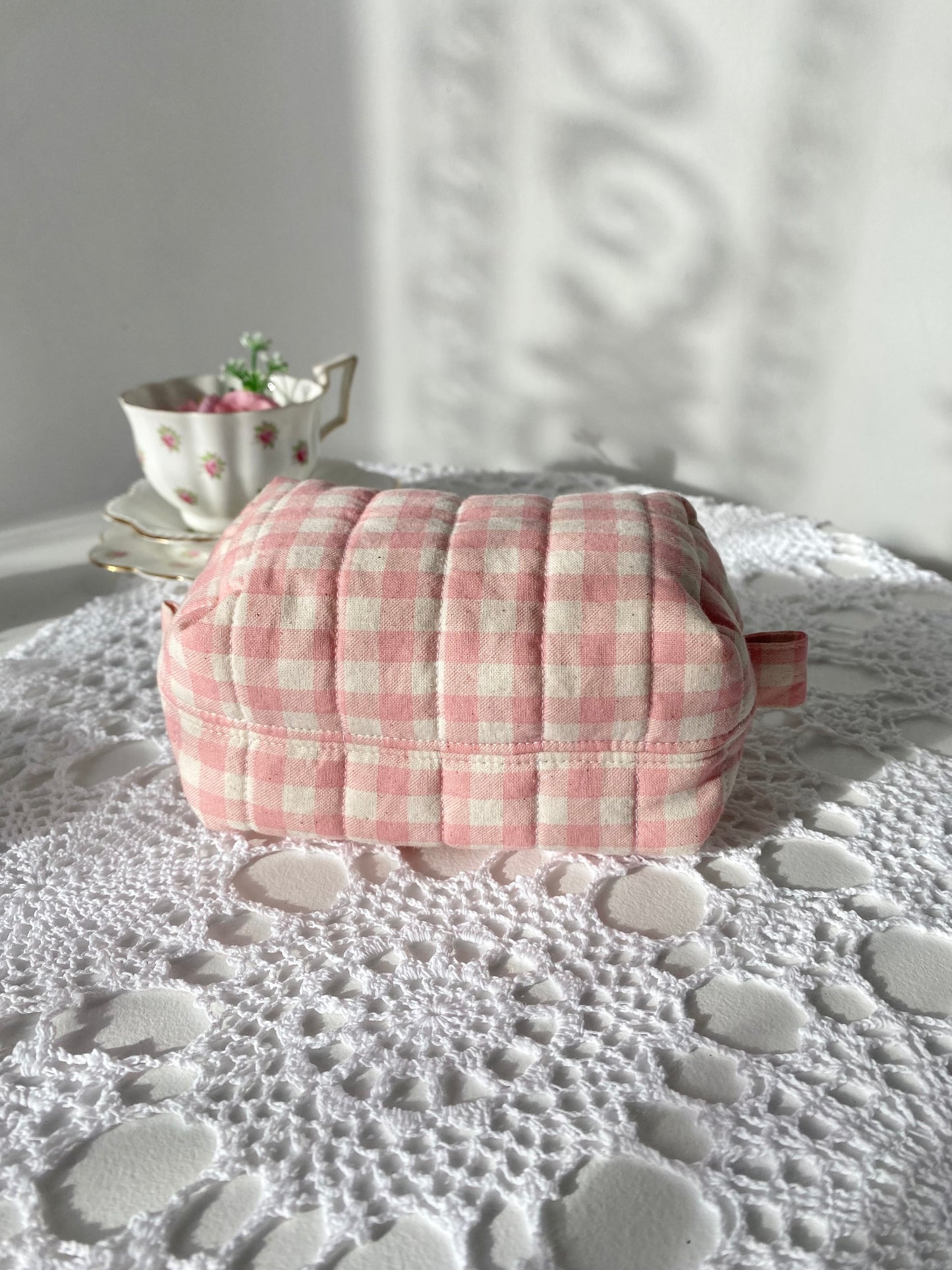 Quilted Pink gingham Makeup Pouch (small)