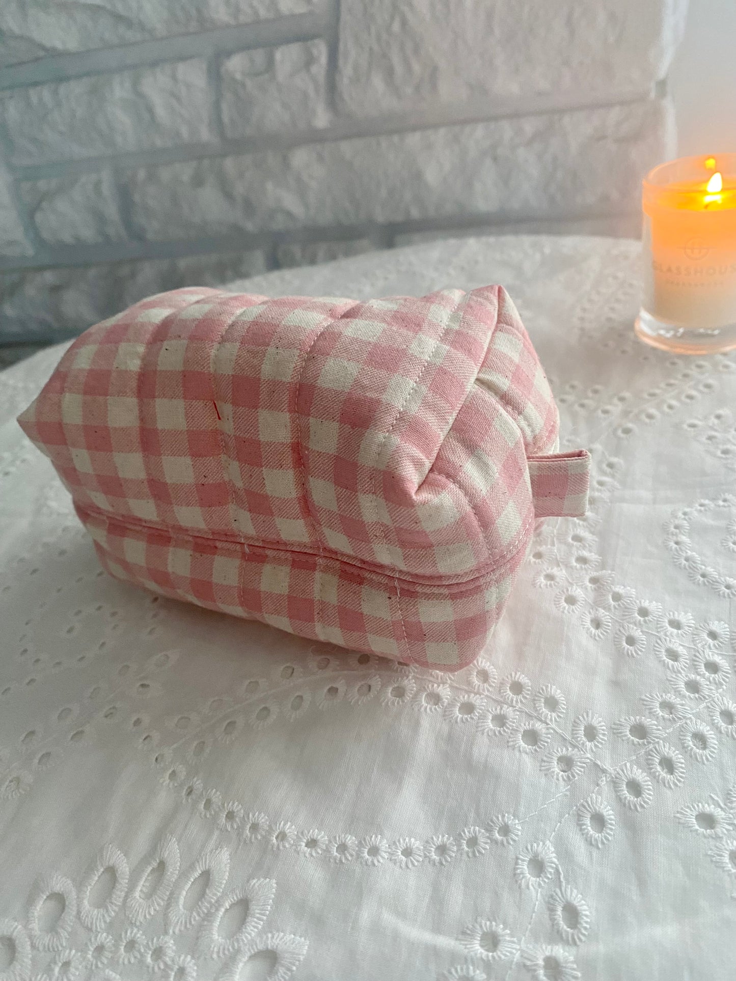 Quilted Pink gingham Makeup Pouch (small)