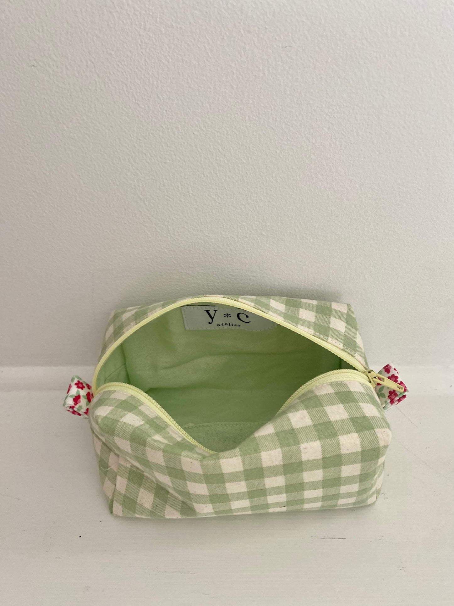 100% Cotton Green Gingham  Makeup Pouch