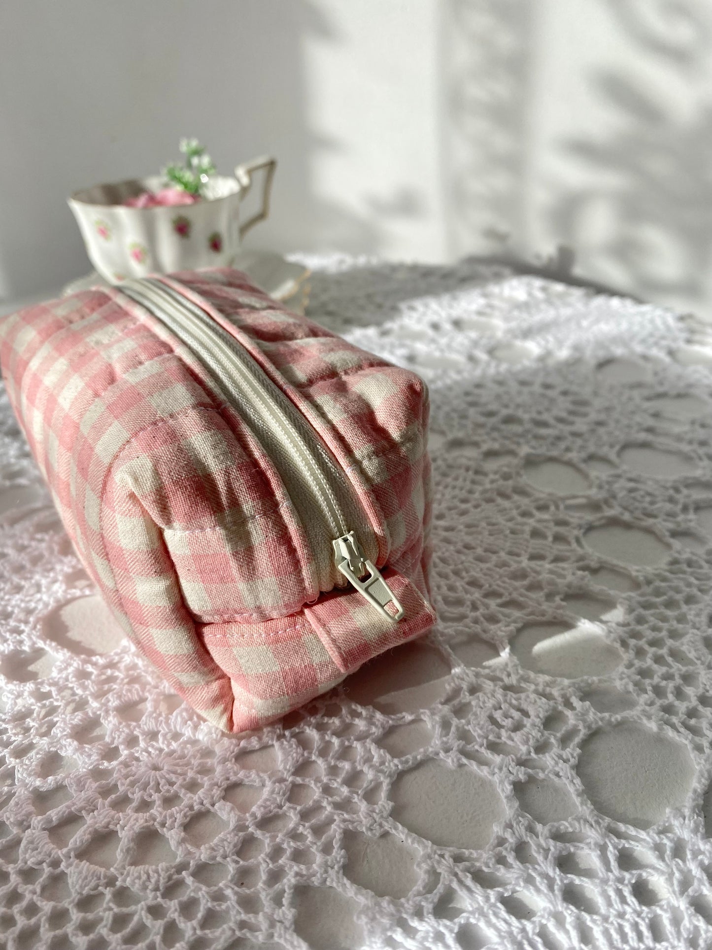 Quilted Pink gingham Makeup Pouch (small)