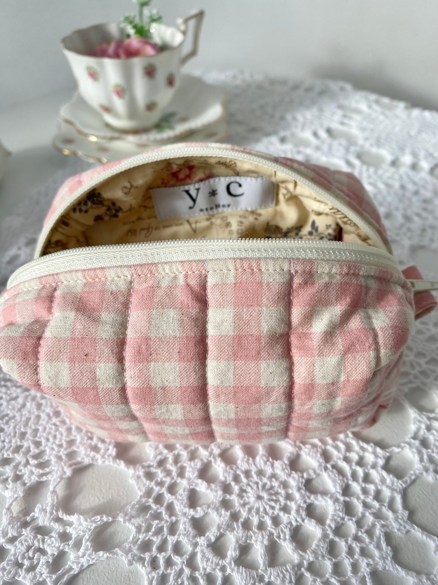 Quilted Pink gingham Makeup Pouch (small)