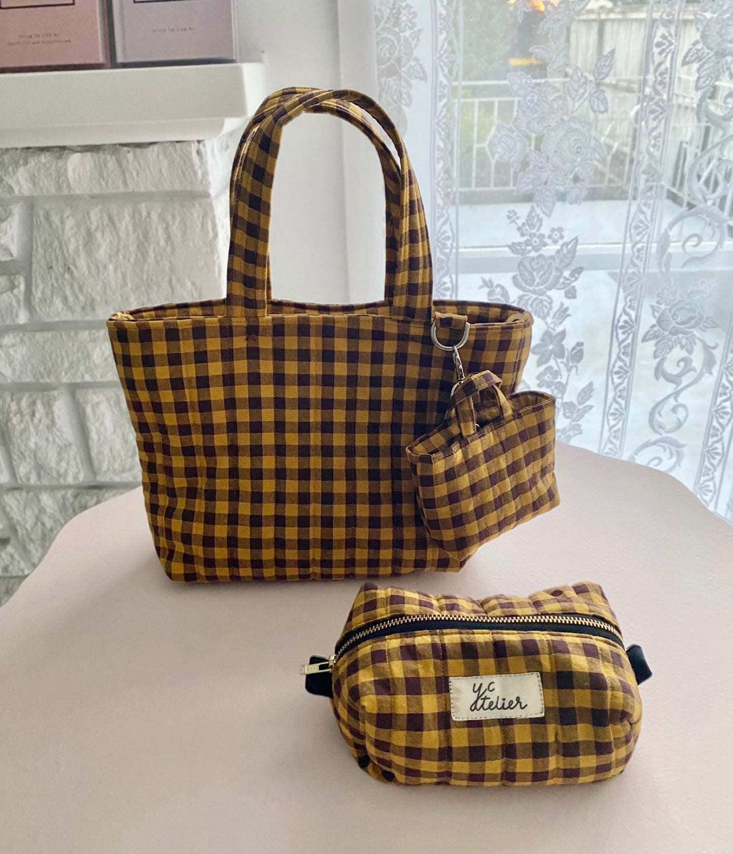 Mini tote + tiny tote keychain + small box pouch set (Mustard/Dark raisin)