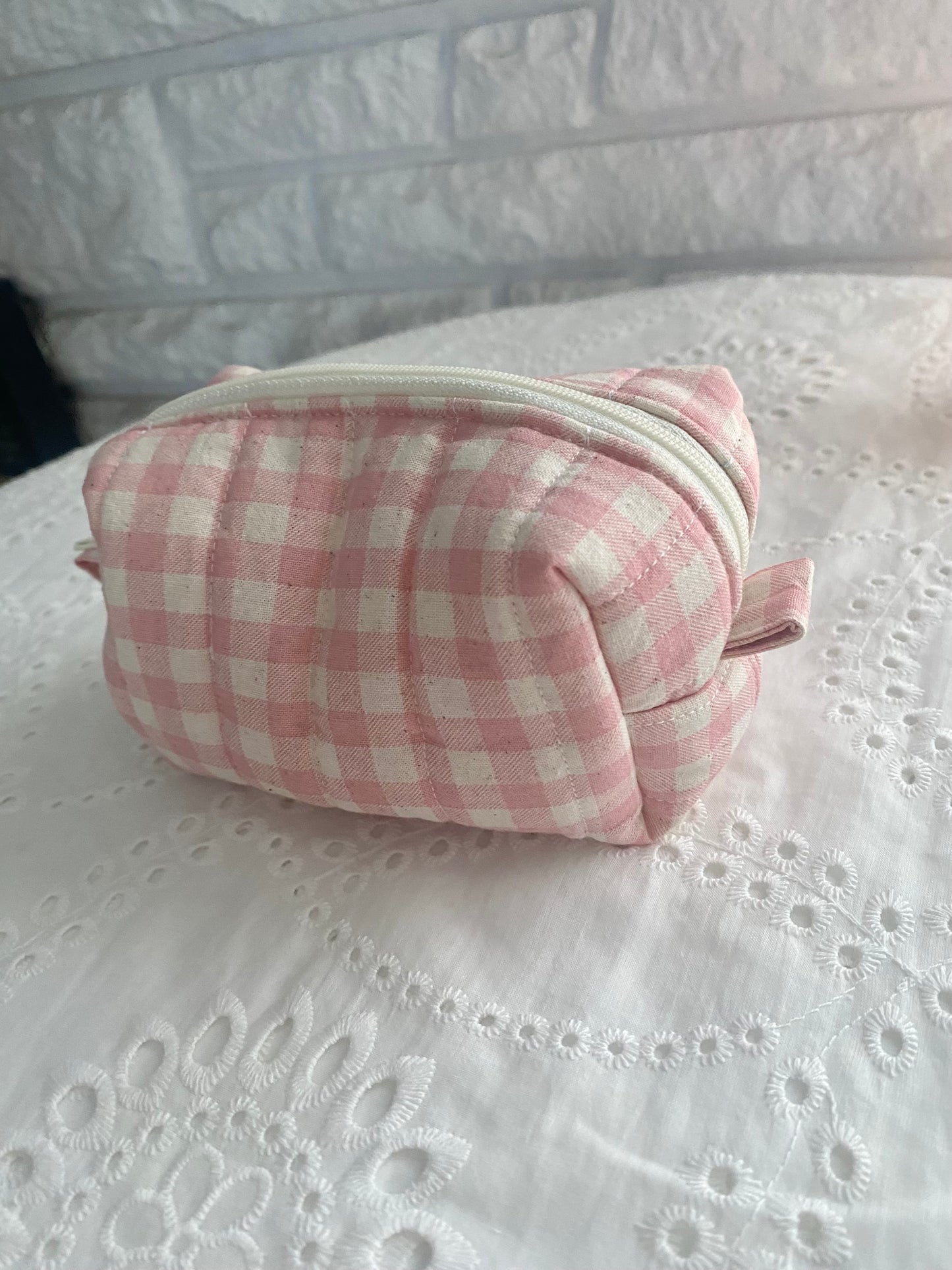 Quilted Pink gingham Makeup Pouch (small)