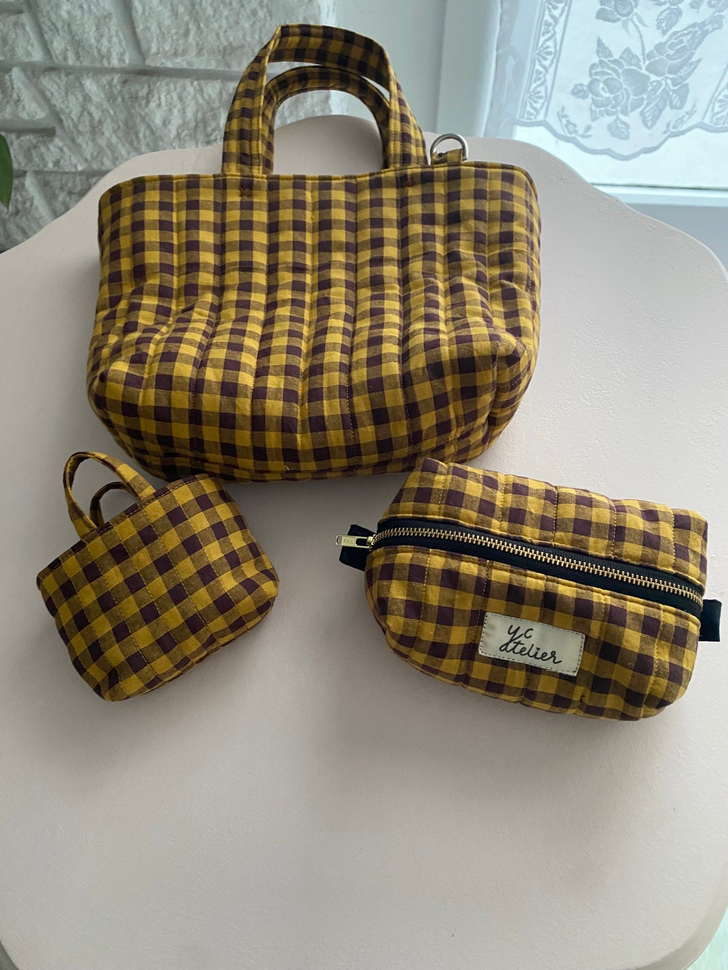 Mini tote + tiny tote keychain + small box pouch set (Mustard/Dark raisin)