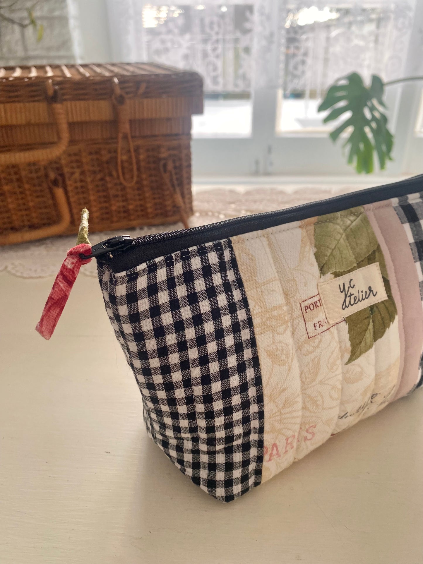 Patchwork pouch - black/white check & Paris
