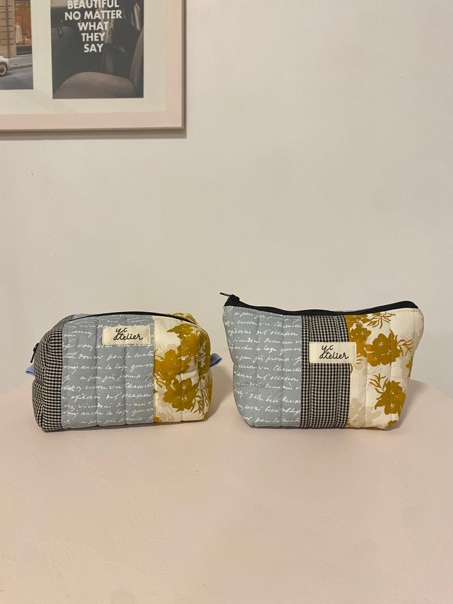 Patchwork Pouch Duo - Check, Blue & Mustard Floral