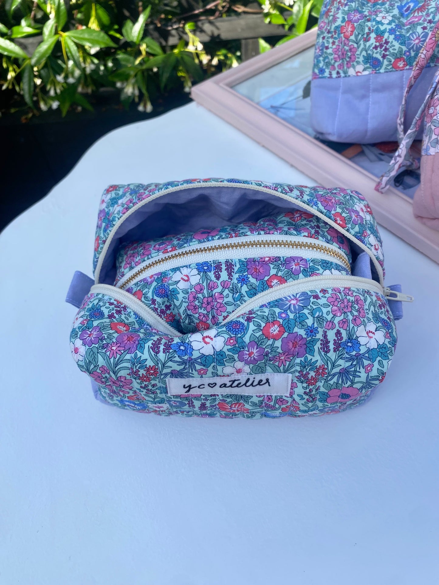 Cotton Floral Makeup Pouch Purple (Medium)