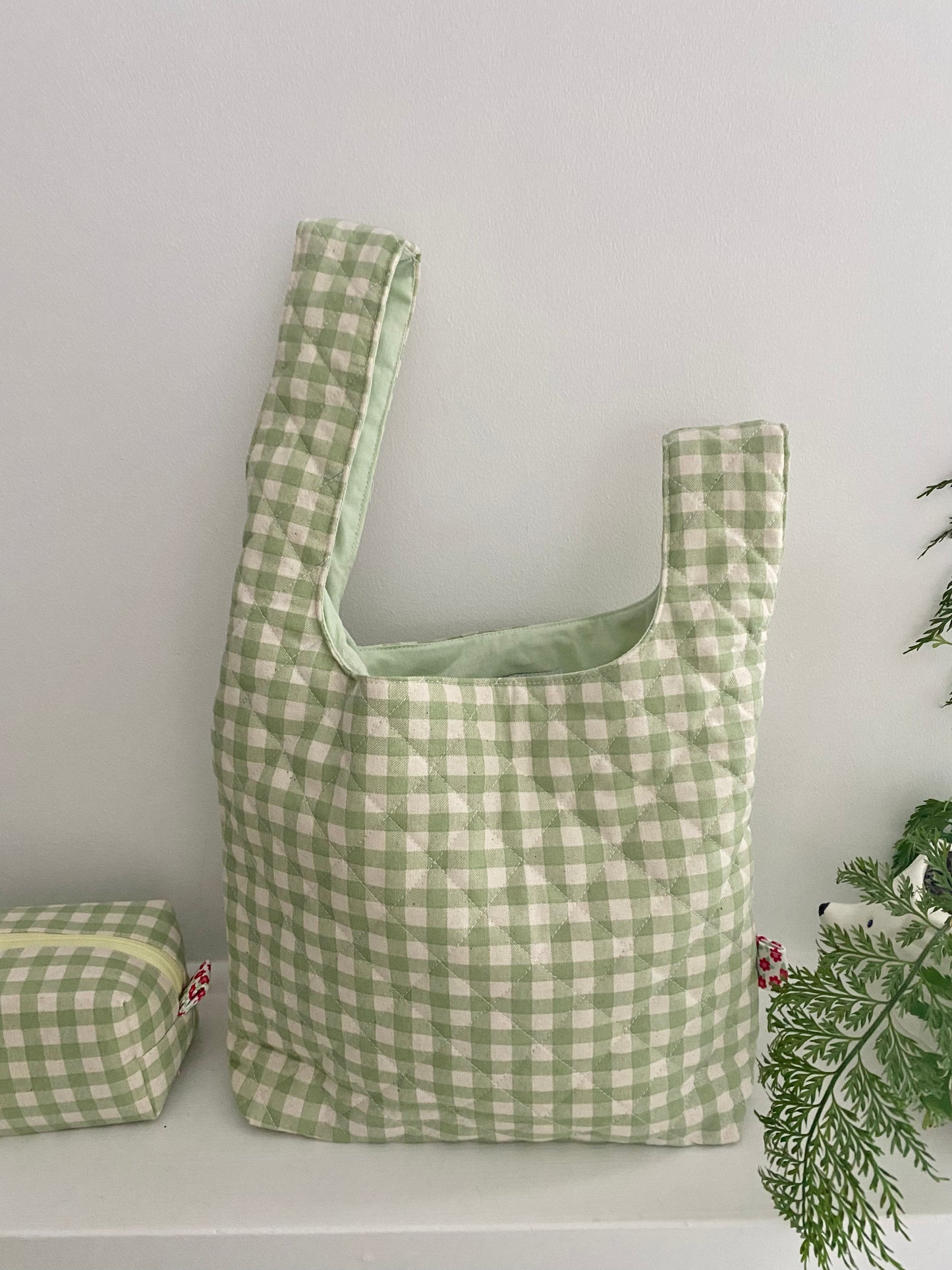 Japanese Style Quilted green gingham Knot Bag