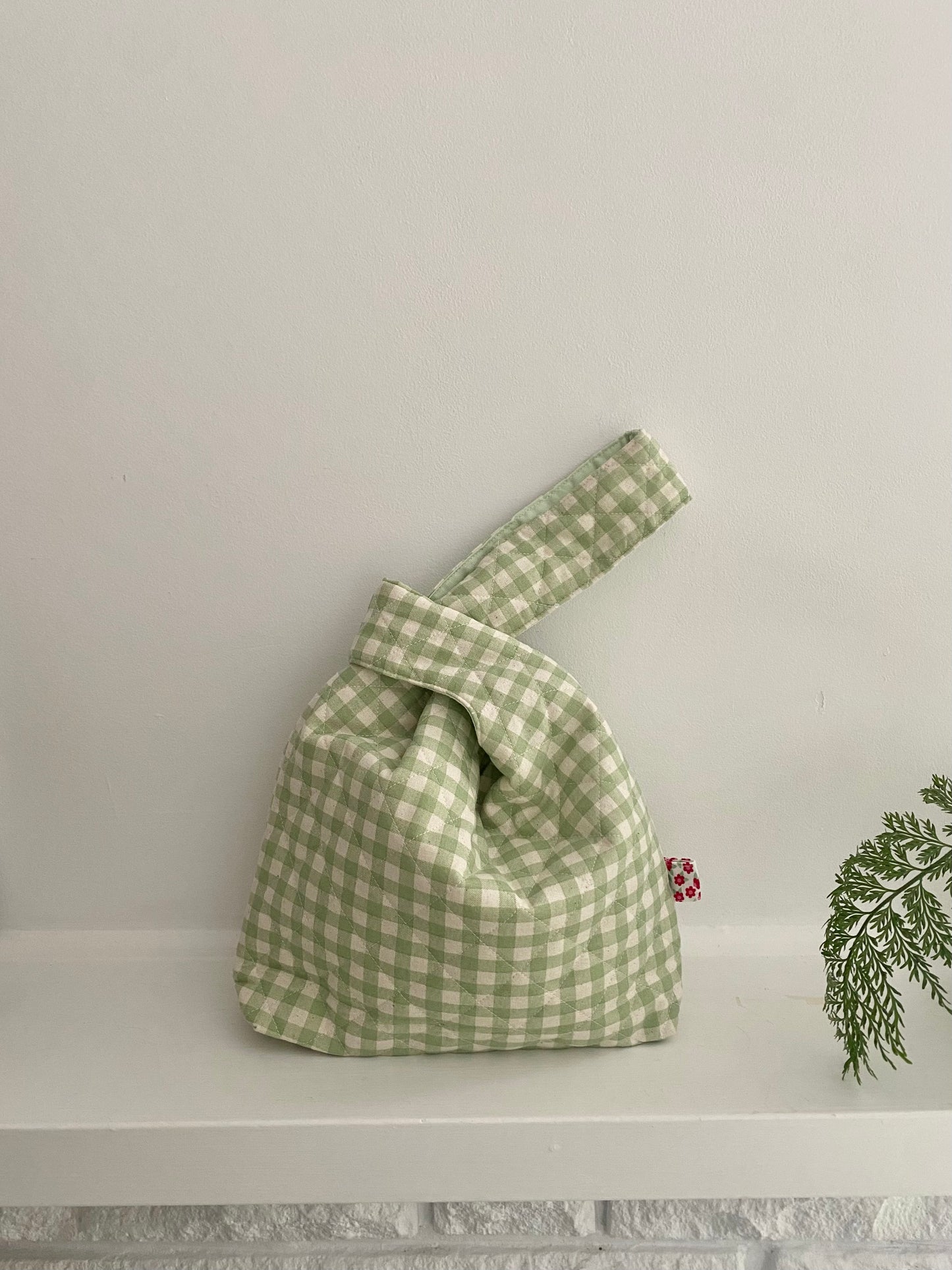 Japanese Style Quilted green gingham Knot Bag