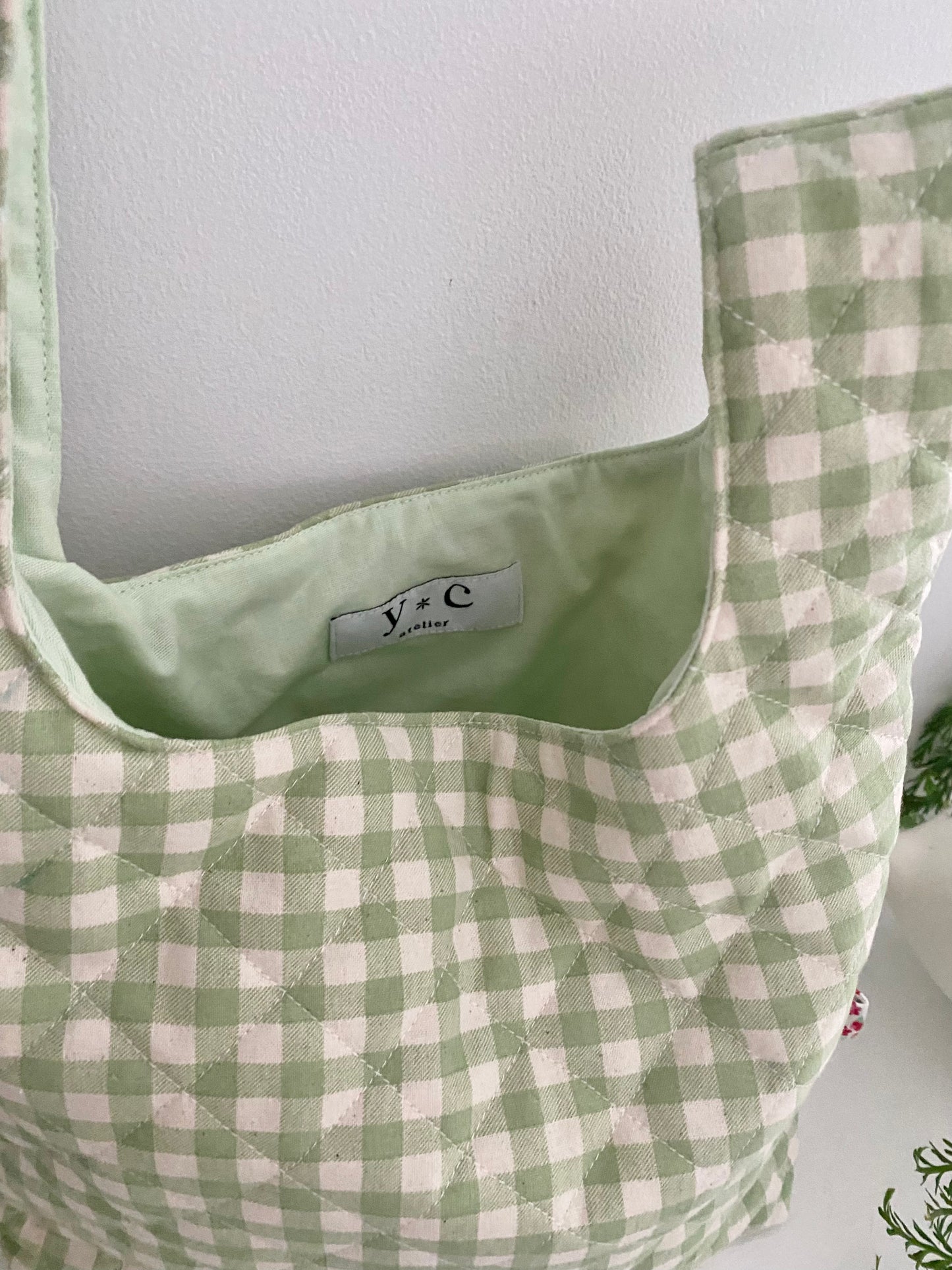 Japanese Style Quilted green gingham Knot Bag