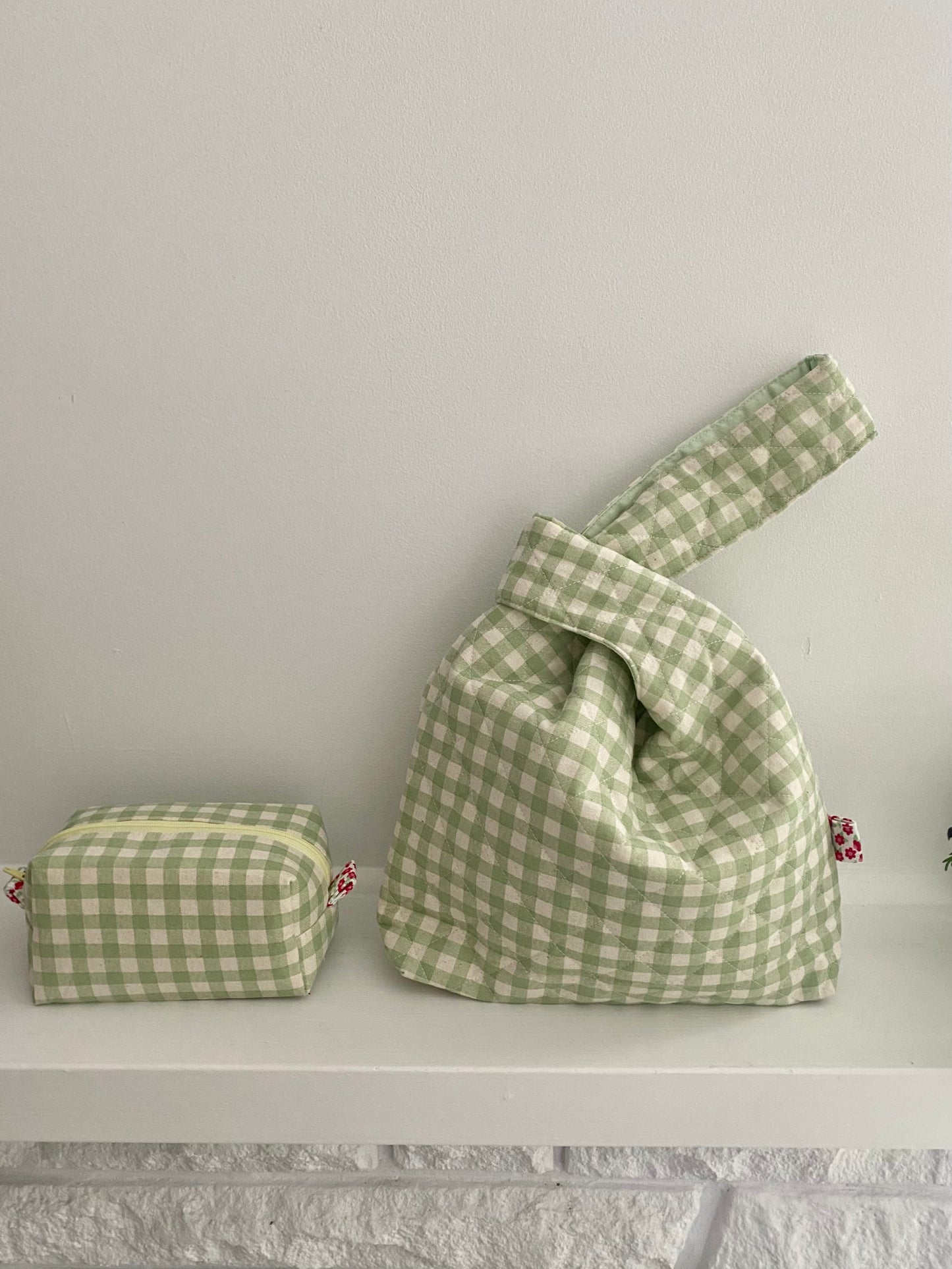 Japanese Style Quilted green gingham Knot Bag
