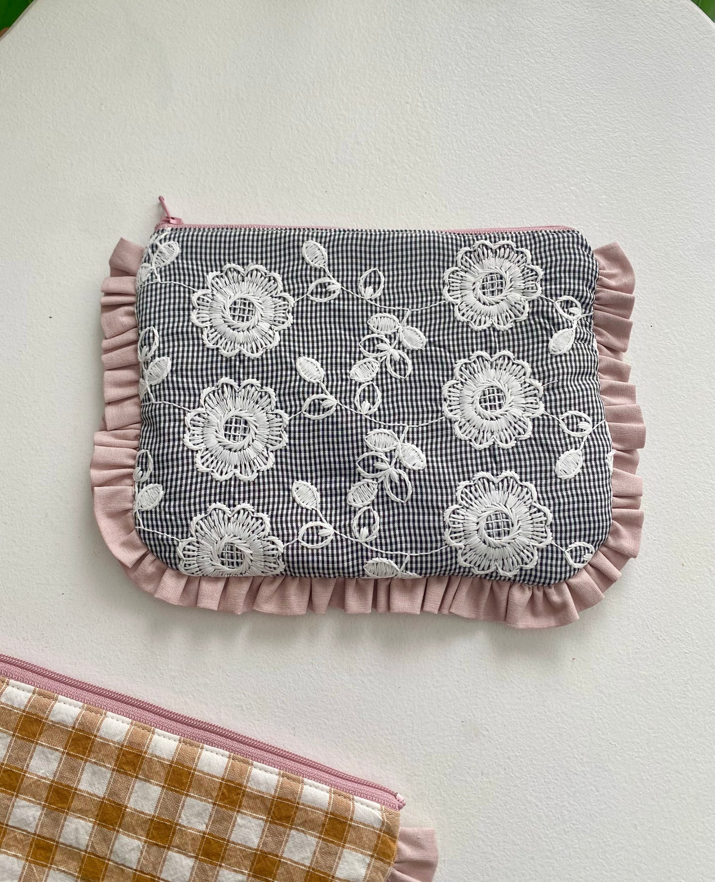 Floral Embroidered Ruffle Flat Pouch