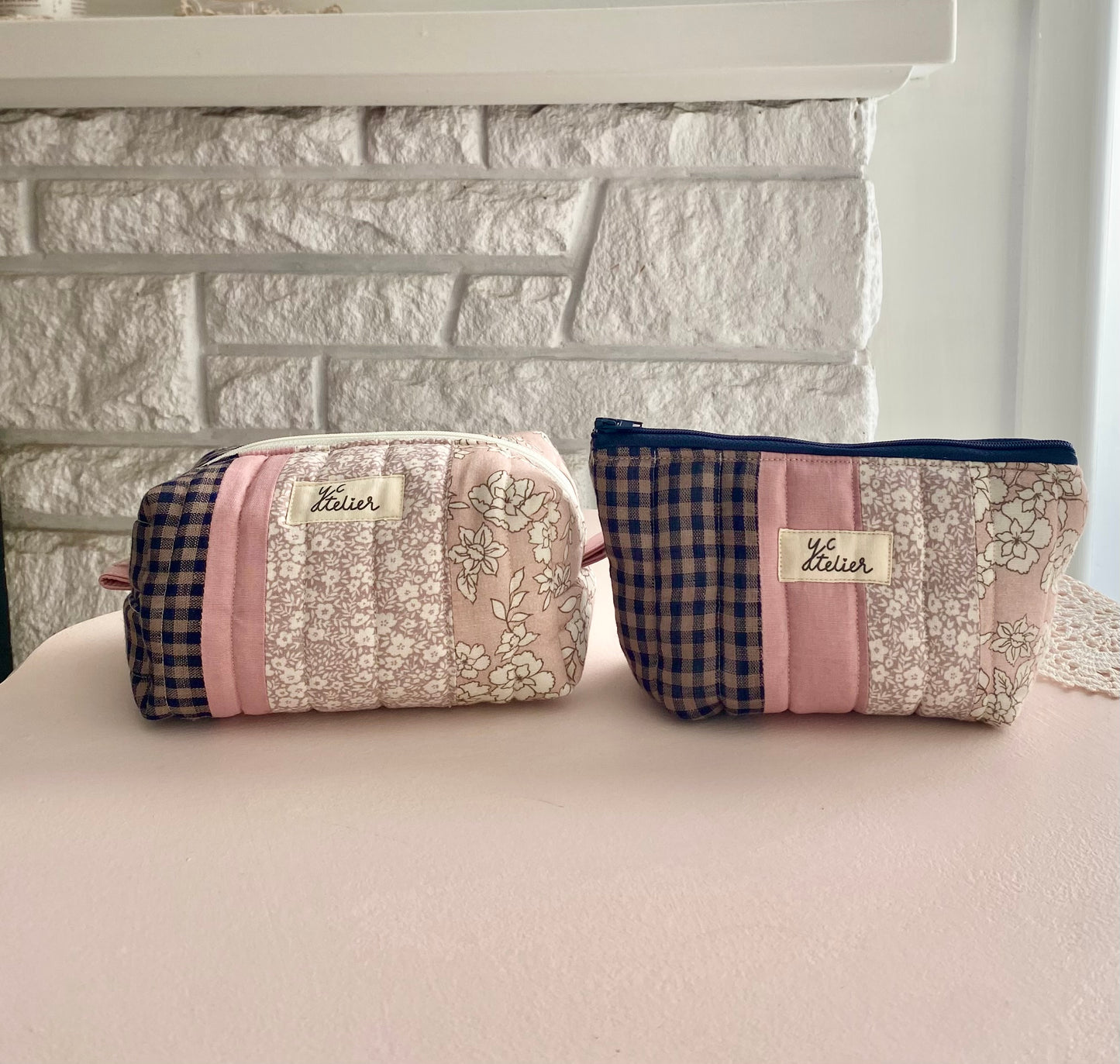 Patchwork Pouch Duo – Navy Check & Pink Floral