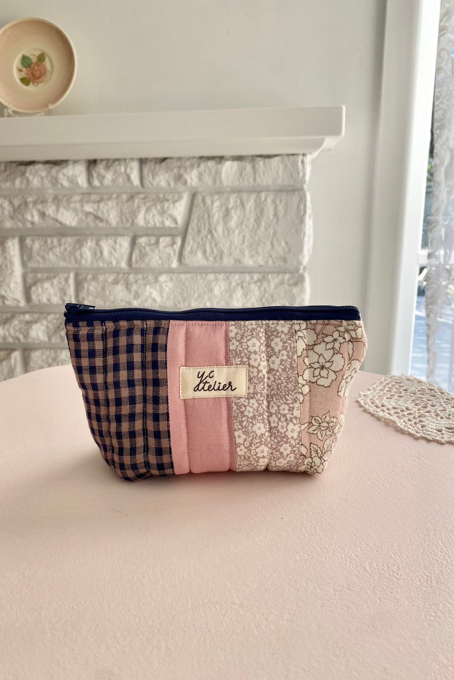 Patchwork Pouch Duo – Navy Check & Pink Floral
