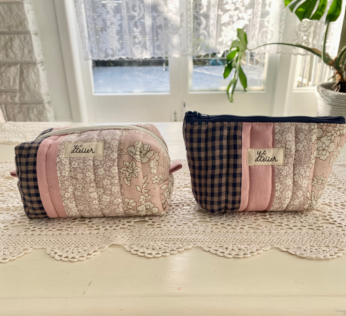 Patchwork Pouch Duo – Navy Check & Pink Floral