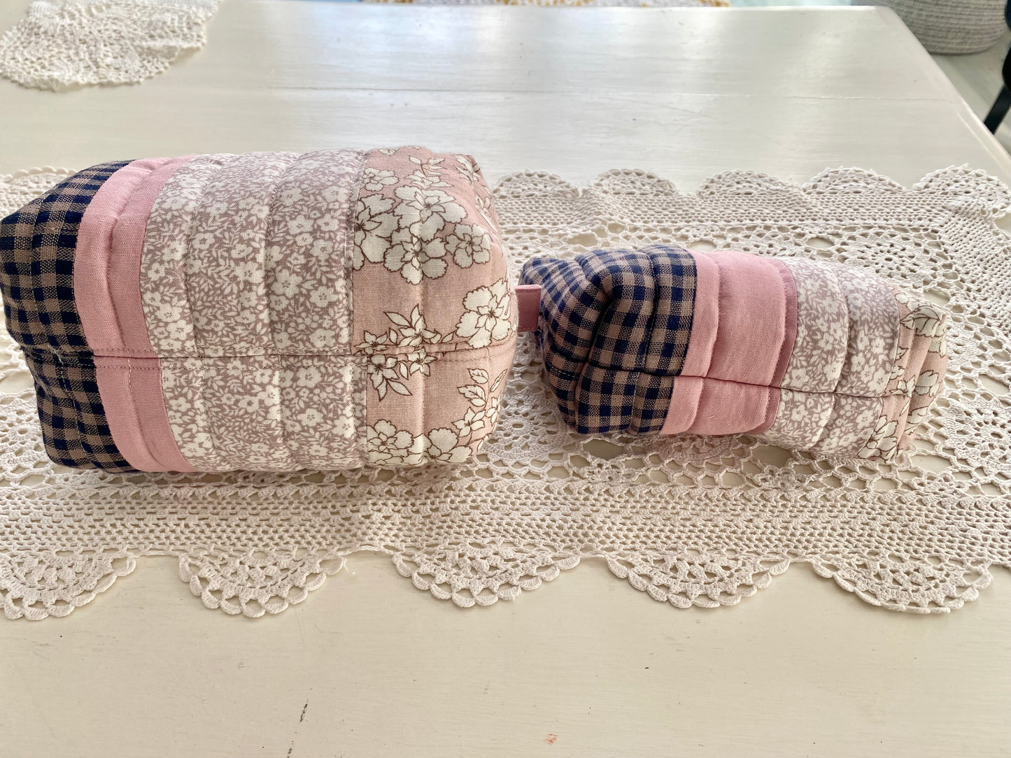 Patchwork Pouch Duo – Navy Check & Pink Floral