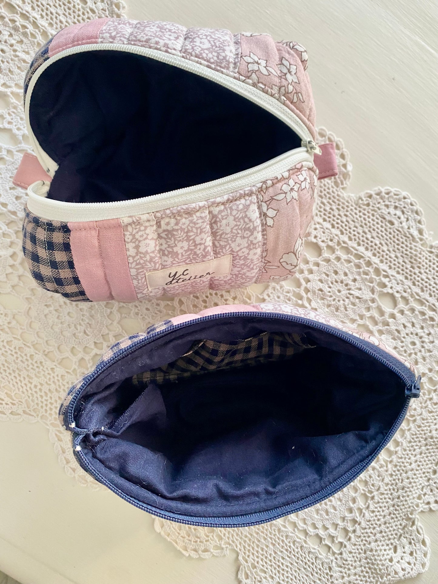 Patchwork Pouch Duo – Navy Check & Pink Floral