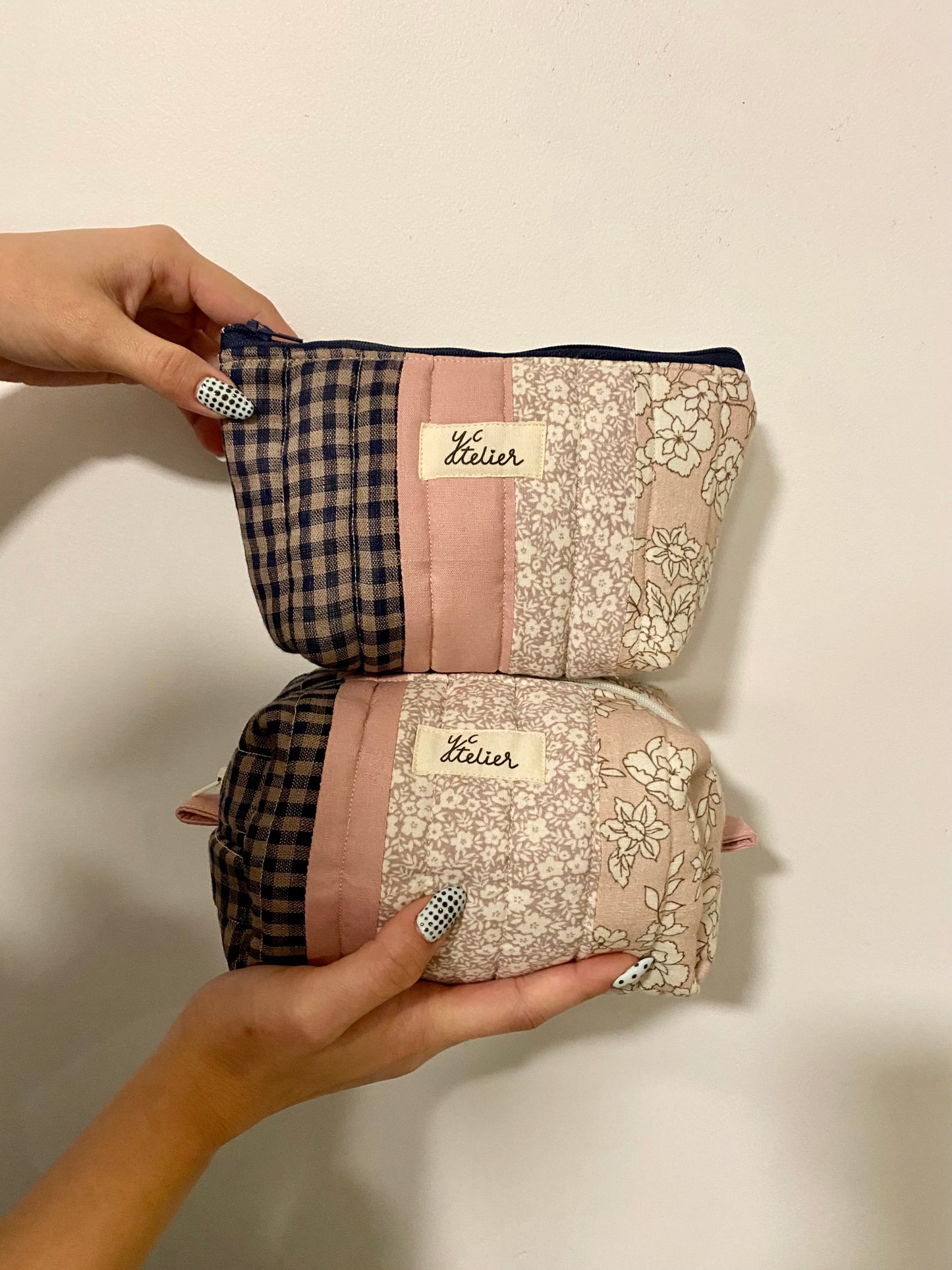Patchwork Pouch Duo – Navy Check & Pink Floral