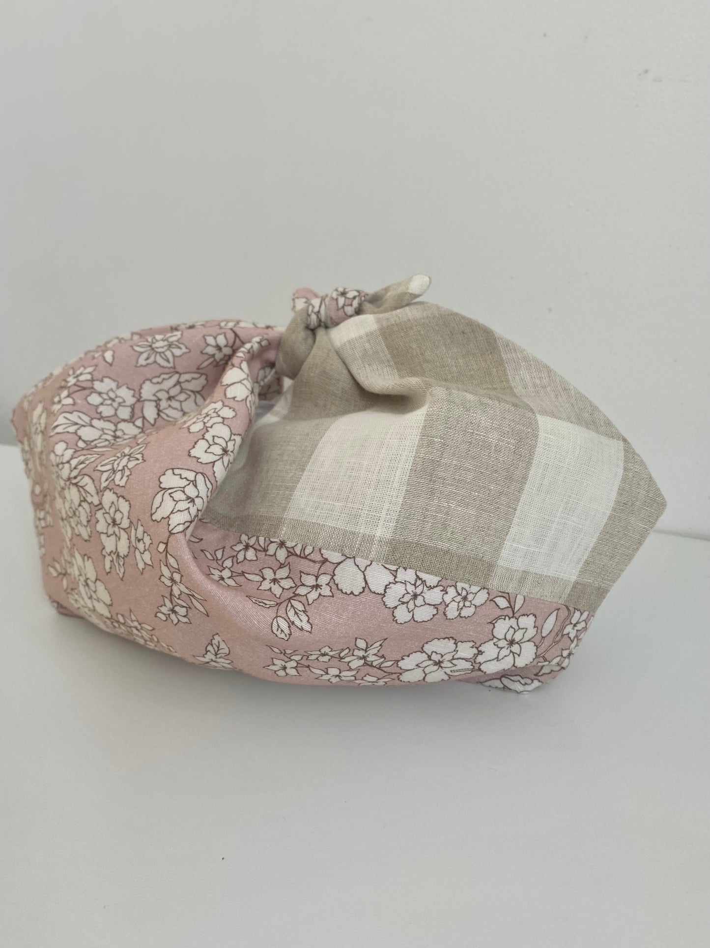 Linen Azuma Bag with lining Floral Pattern in Dusty Pink & Check