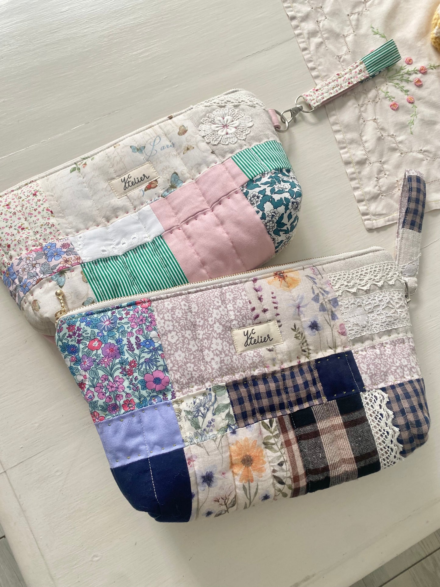 Patchwork Pouch Bag – Navy, Check & Natural Tones with Vintage Lace