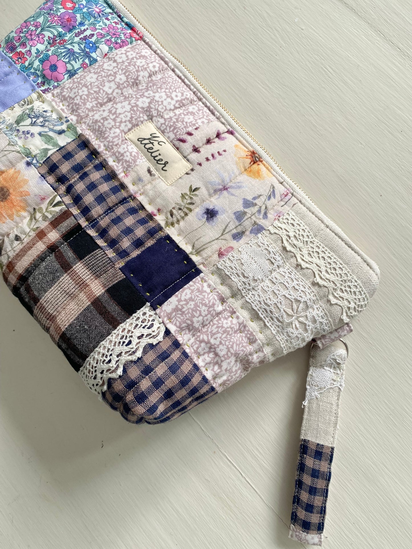 Patchwork Pouch Bag – Navy, Check & Natural Tones with Vintage Lace