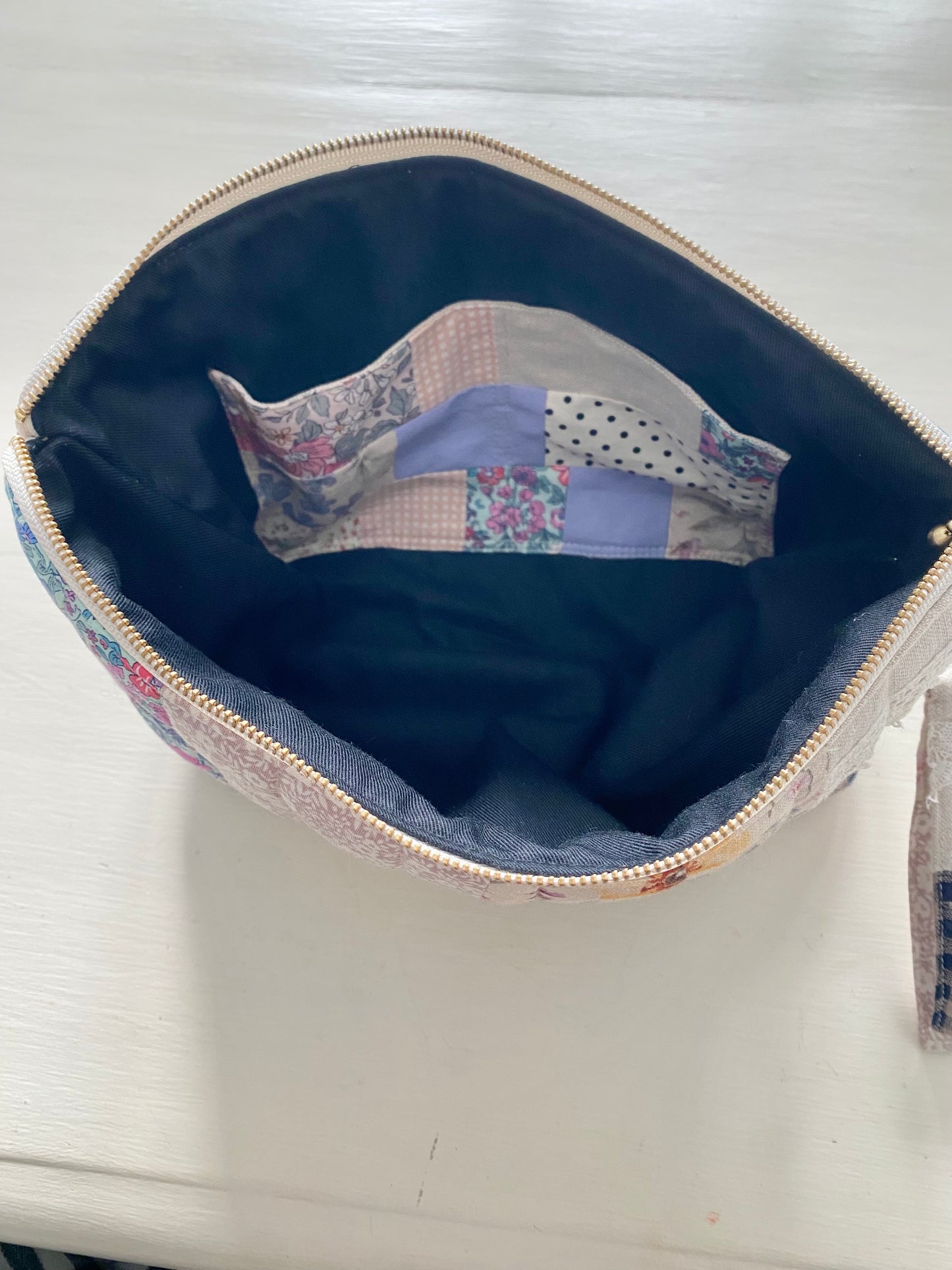 Patchwork Pouch Bag – Navy, Check & Natural Tones with Vintage Lace