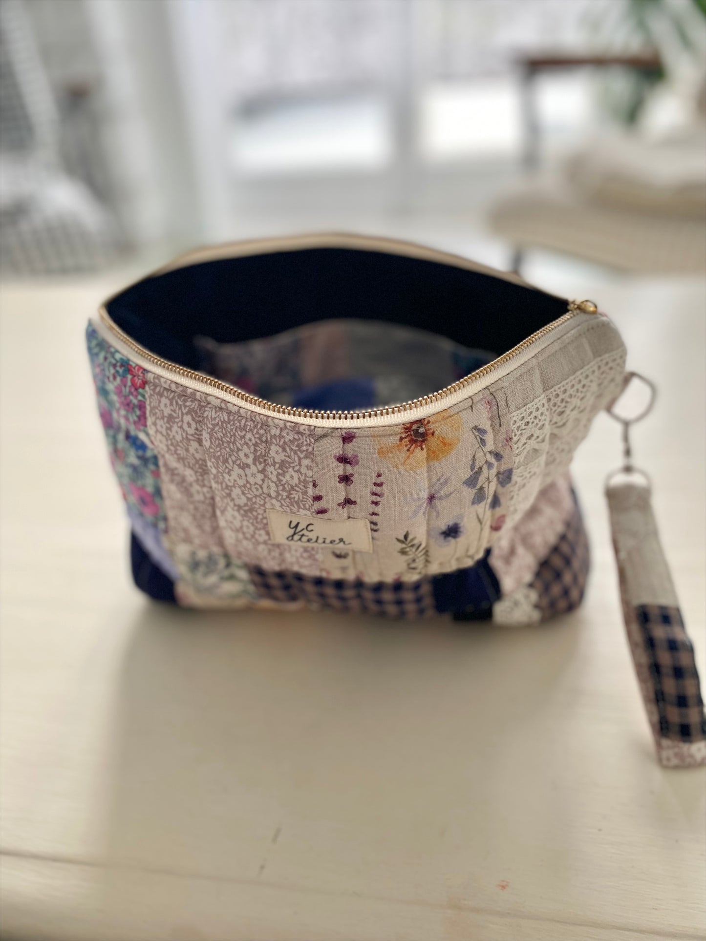 Patchwork Pouch Bag – Navy, Check & Natural Tones with Vintage Lace