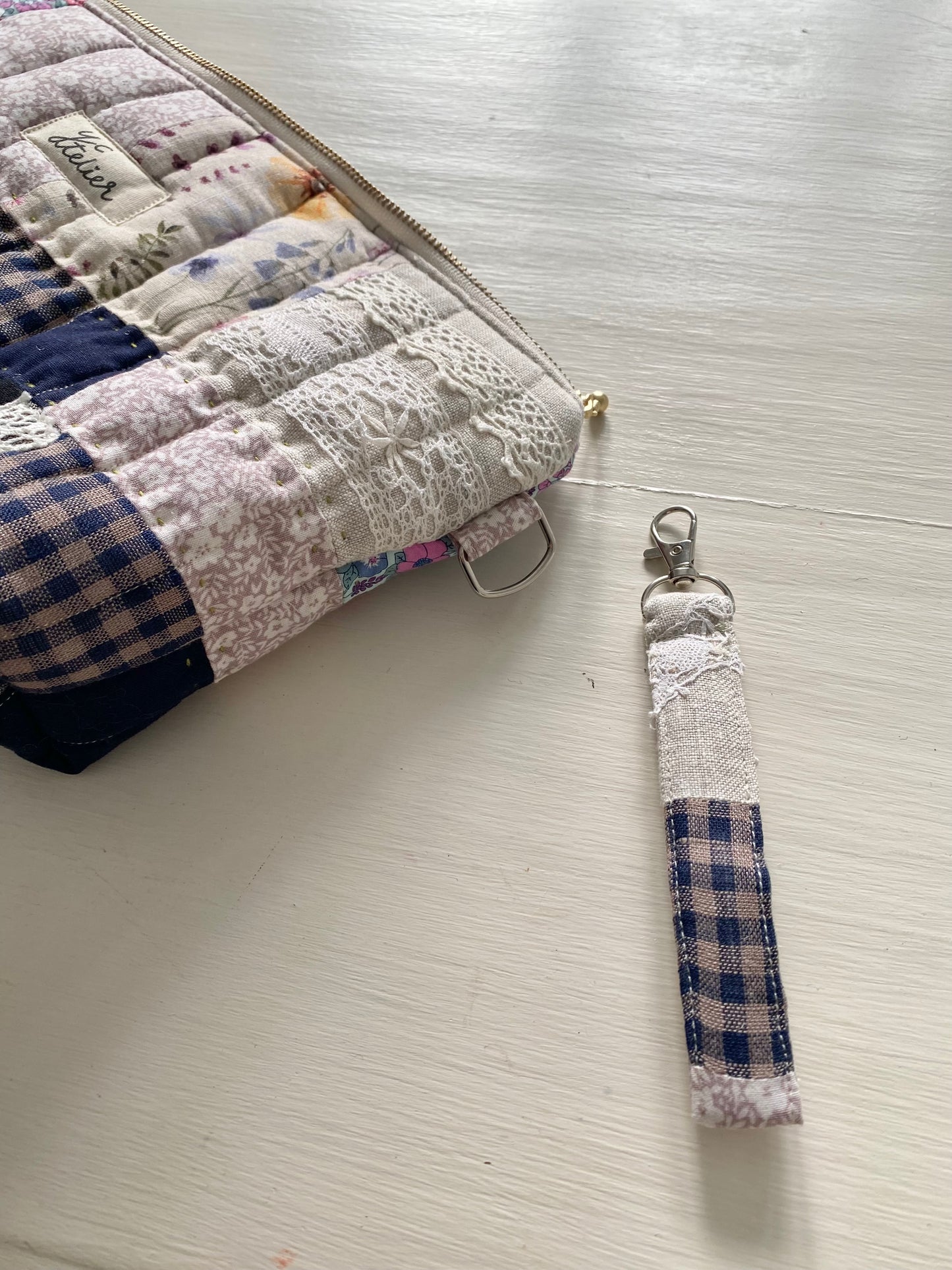 Patchwork Pouch Bag – Navy, Check & Natural Tones with Vintage Lace