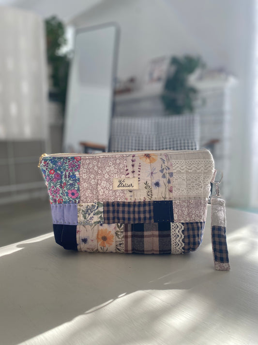 Patchwork Pouch Bag – Navy, Check & Natural Tones with Vintage Lace