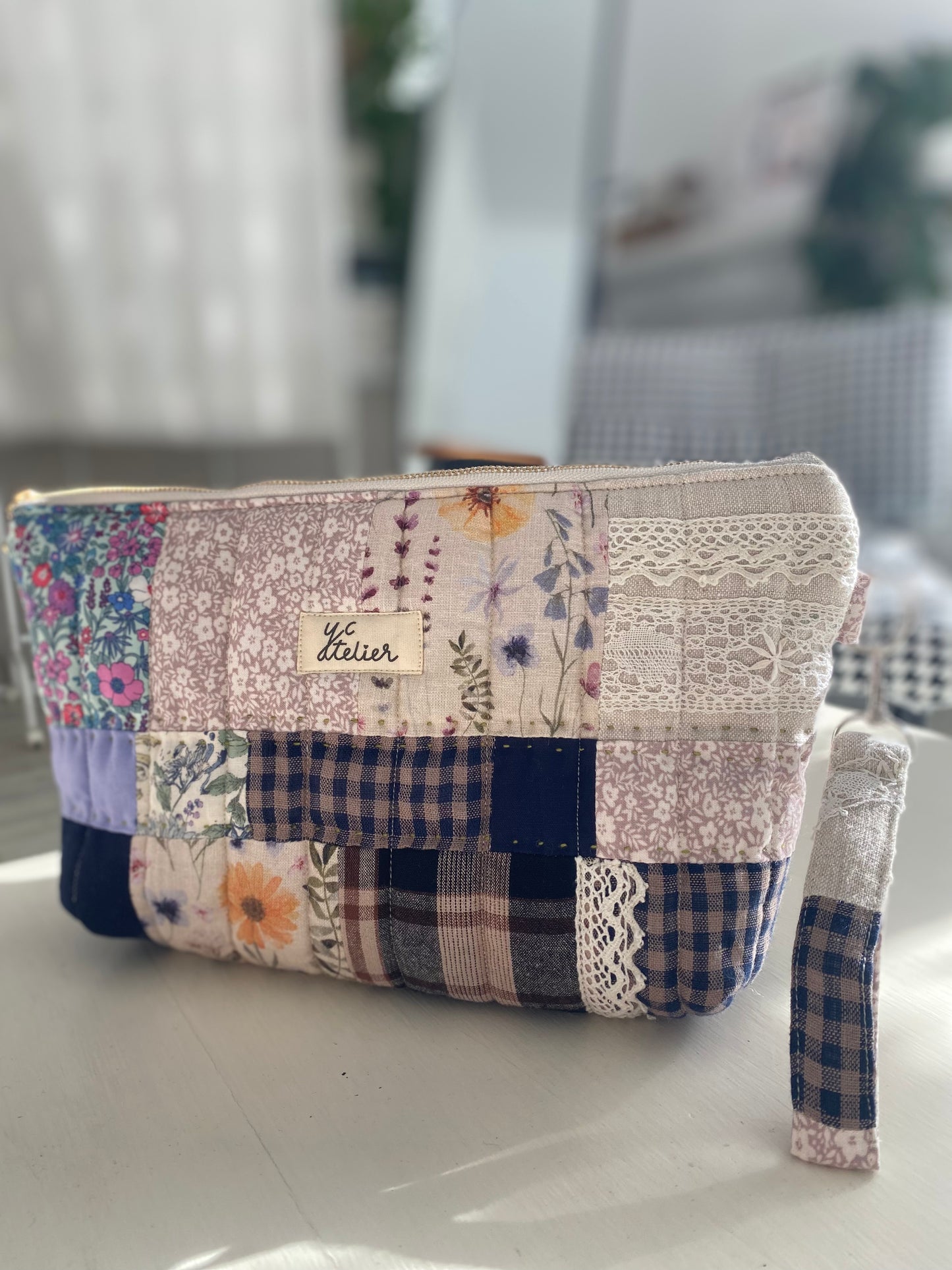 Patchwork Pouch Bag – Navy, Check & Natural Tones with Vintage Lace